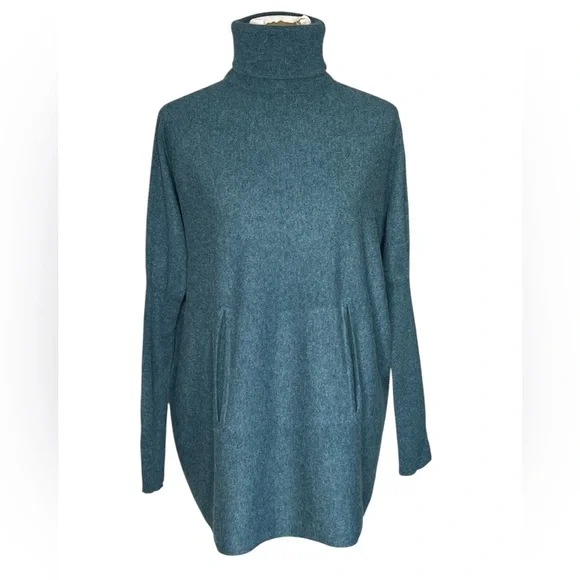 Garnet Hill Sweater Blue Wool Cashmere Oversized Turtleneck Pockets Casual MD - Picture 2 of 12